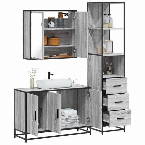 ZNTS 3 Piece Bathroom Furniture Set Grey Sonoma Engineered Wood 3301133