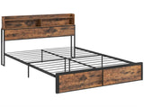 Industrial Double Bed Frame, 4.6FT Steel Bed Base with Storage Headboard, Footboard, Slatted Support T3398P423093