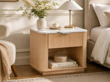 Set of 2 Modern Fluted Bedside Tables, Oak Effect Nightstands with Marble-Effect Top, Spacious N606P518989E