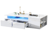 High Gloss Coffee Table with Open Storage, LED lights, Centre Table with 2 drawers, Sofa Side Table, N605P368348W