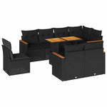 ZNTS 9 Piece Garden Sofa Set with Cushions Black Poly Rattan Acacia 3327499