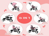 Metal Frame 6 in 1 Baby Push Tricycle with Parent Handle for 1-5 Years Old, Pink T3398P378960