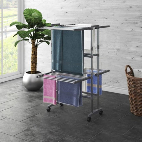 2-Tier Laundry Drying Rack with Wheels Silver 60x70x106 cm 344377