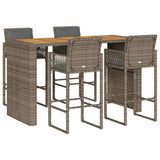 5 Piece Garden Bar Set with Cushions Grey Poly Rattan Acacia 3328903