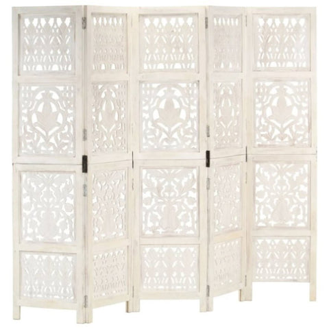 Hand carved 5-Panel Room Divider White 200x165 cm Solid Mango Wood 285331