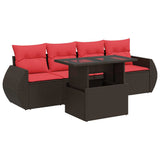 5 Piece Garden Sofa Set with Cushions Brown Poly Rattan Acacia 3326565