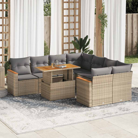 ZNTS 9 Piece Garden Sofa Set with Cushions Beige Poly Rattan Acacia 3327468