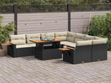 9 Piece Garden Sofa Set with Cushions Black Poly Rattan Acacia 3327577