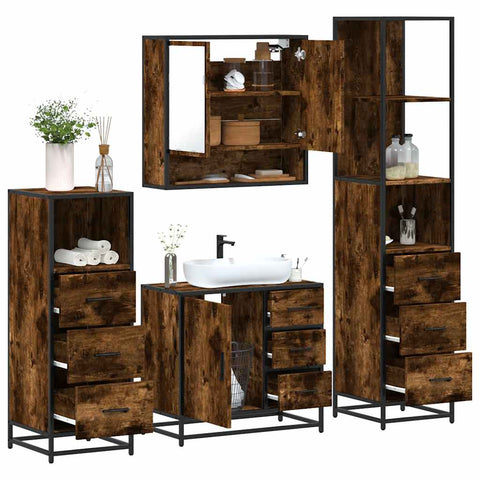 ZNTS 4 Piece Bathroom Furniture Set Smoked Oak Engineered Wood 3301287