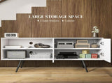 TV Stand with Cupboard, Open Shelves, Striped Doors, Wooden legs, White T3398P344513
