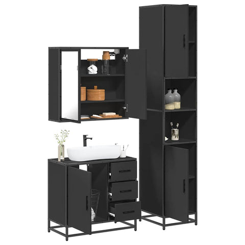 ZNTS 3 Piece Bathroom Furniture Set Black Engineered Wood 3301075