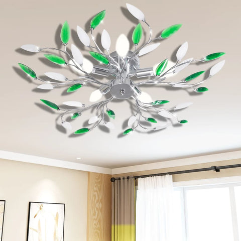 ZNTS Green&White Ceiling Lamp with Acrylic Crystal Leaf Arms for 5 E14Bulbs 241478