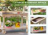 Garden Potting Bench Table, Wooden Work Station, Outdoor Planting Workbench with 2 Wheels, Sink, T3398P315858