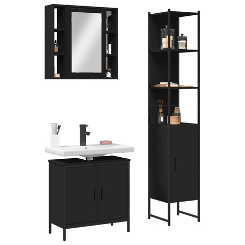 ZNTS 3 Piece Bathroom Cabinet Set Black Engineered Wood 3214740