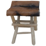 Folding Stool Goatskin Leather and Solid Teak Wood 288815