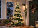 6FT Green Telescopic Christmas Tree with Gold Ribbon, Gold & Silver Ornaments, Bead Chain, PVC, 150 80910638