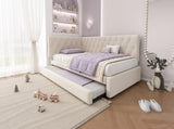 Upholstered Bed Daybed with Pull-Out Bed, 3FT Single Sofa Bed 90 x 190 cm, Ottoman Bed Trundle Beds N601P377081B