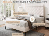 4ft6 Double Upholstered Velvet Bed Frame, with Adjustable Button-Tufted & Riveted Headboard, Velvet N652P179786W