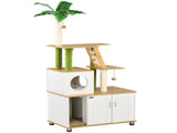2-in-1 Hidden Cat Litter Box, Green Leaf Cat Tree, with House, Ladder, Scratching Posts, Platforms, T3398P349990