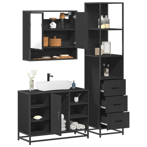 ZNTS 3 Piece Bathroom Furniture Set Black Engineered Wood 3301180