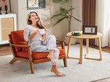 Mid-Century Modern Accent Chair with Wooden Frame - Oak Armrest, Linen-Cotton Burnt Orange 66576481