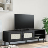 TV Cabinet SENJA Rattan Look Black 158x40x49cm Solid Wood Pine 358045