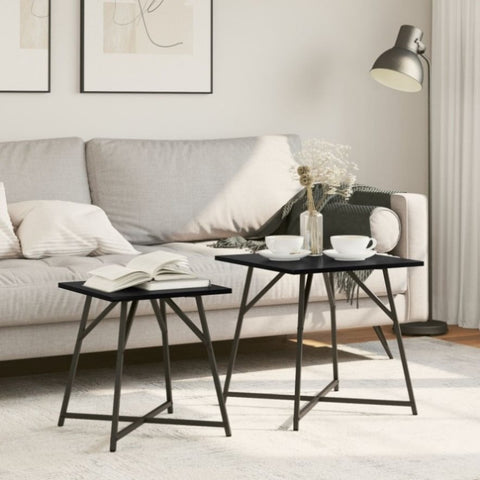 ZNTS Side Table Set of 2 - Black Oak Engineered Wood and Metal 869726