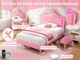 3ft Single Upholstered Bed with LED Adjustable Crown Shape Headboard, PU Leather Bed Frame with N652P265845P