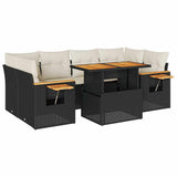 7 Piece Garden Sofa Set with Cushions Black Poly Rattan Acacia 3327563