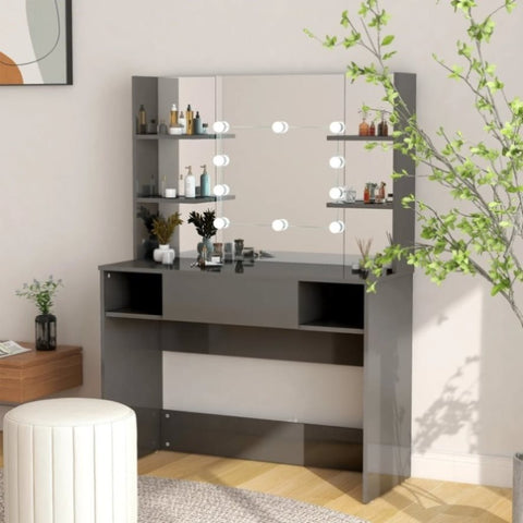 Makeup Table with LED Lights 100x40x135 cm MDF Shining Grey 331543