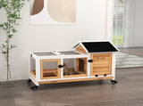 Wooden Rabbit Hutch, Guinea Pig Cage, with Removable Tray, Wheels - Yellow T3398P350084