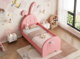 3ft Single Rabbit-Shaped Upholstered Bed Frame, Bunny Ear Headboard & Footboard Storage Pocket, Soft N652P412013P