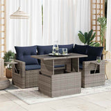 5 Piece Garden Sofa Set with Cushions Grey Poly Rattan Acacia 3326472