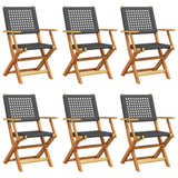 Folding Garden Chairs 6 pcs Black Poly Rattan and Solid Wood 3214557