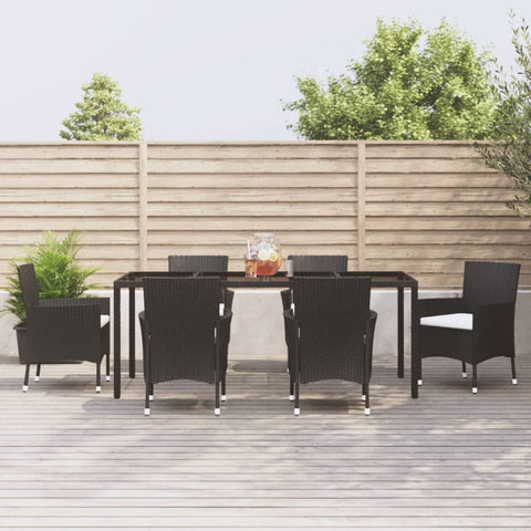 ZNTS 7 Piece Garden Dining Set with Cushions Black Poly Rattan 3187454