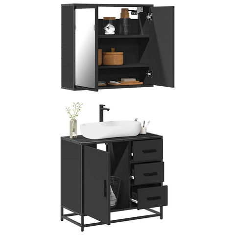ZNTS 2 Piece Bathroom Furniture Set Black Engineered Wood 3300895