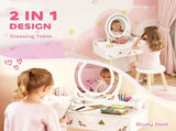 Kids Vanity Table and Chair Set with 3-Colour LED Lights Mirror, Drawer, Storage Boxes, for 3 T3398P422152