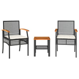 ZNTS 3 Piece Bistro Set with Cushions Black Poly Rattan Acacia Wood 366259