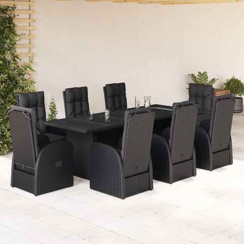 ZNTS 9 Piece Garden Dining Set with Cushions Black Poly Rattan 3277654