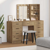 Dressing Table with Mirror Lights 3 pcs Brown Engineered wood 3334226