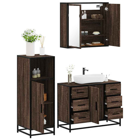 ZNTS 3 Piece Bathroom Furniture Set Brown Oak Engineered Wood 3300964