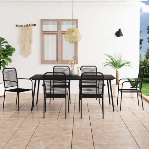 7 Piece Garden Dining Set Cotton Rope and Steel Black 3058281
