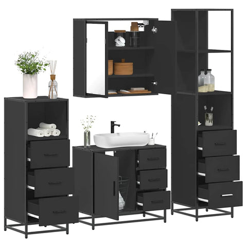 ZNTS 4 Piece Bathroom Furniture Set Black Engineered Wood 3301255