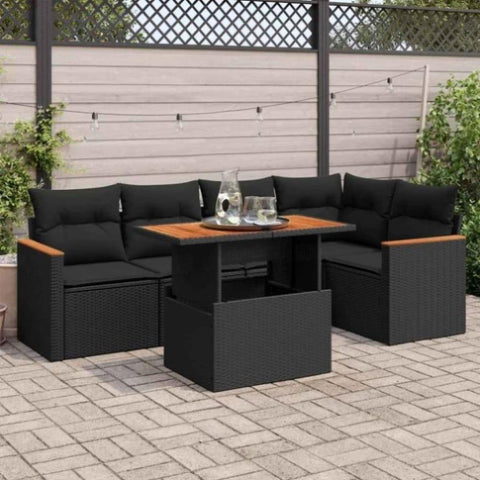 ZNTS 5 Piece Garden Sofa Set with Cushions Black Poly Rattan Acacia 3327485