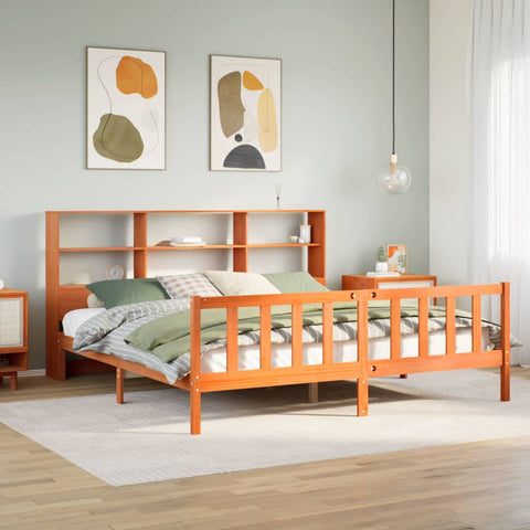 ZNTS Bookcase Bed without Mattress Wax Brown 200x200 cm Solid Wood Pine 3321726