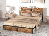 Industrial Double Bed Frame, 4.6FT Steel Bed Base with Storage Headboard, Footboard, Slatted Support T3398P423093