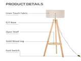 Tripod Floor Lamp, Freestanding Bedside Light Reading Light with Storage Shelf and Linen Shade for T3398P425130