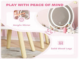 Kids Vanity Table and Chair Set with 3-Colour LED Lights Mirror, Drawer, Storage Boxes, for 3 T3398P422152