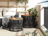 Garden Side Tables 2 pcs with Wooden Top Black Poly Rattan 366291