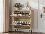 60cm-wide freestanding shoe cabinet featuring a natural oak wood grain finish and Mid-Century Modern W6296P537659